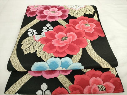 平和屋着物◎六通柄　本袋帯　唐織　立涌花文　黒地　金銀糸　正絹　逸品　AABM1482od
