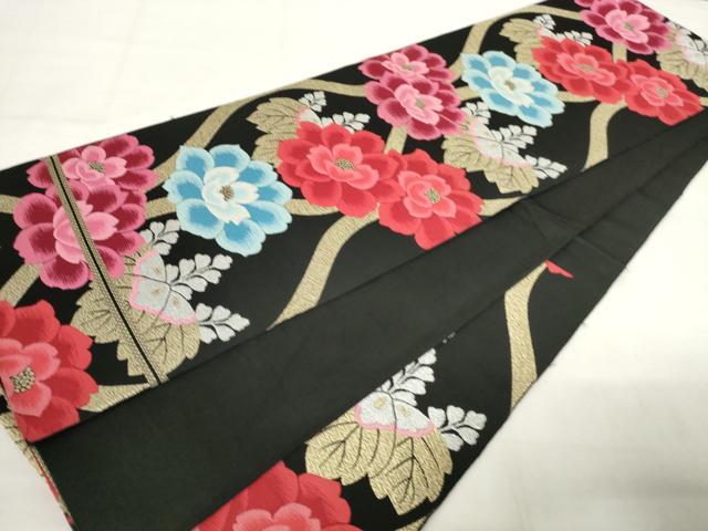 平和屋着物◎六通柄　本袋帯　唐織　立涌花文　黒地　金銀糸　正絹　逸品　AABM1482od