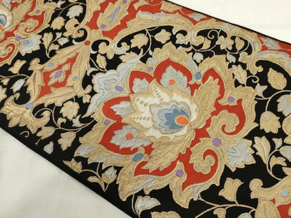 平和屋着物◎六通柄袋帯　唐織　更紗花文　黒地　金銀糸　正絹　逸品　AABM1486od