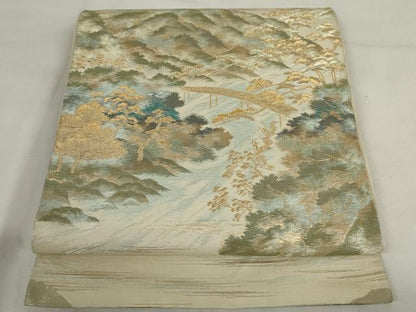 平和屋着物◎西陣　六通柄　本袋帯　渡橋風景文　金糸　正絹　逸品　AABM1488od