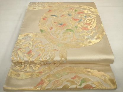 平和屋着物◎六通柄袋帯　双鳥花丸文　金糸　正絹　逸品　AABM1498od