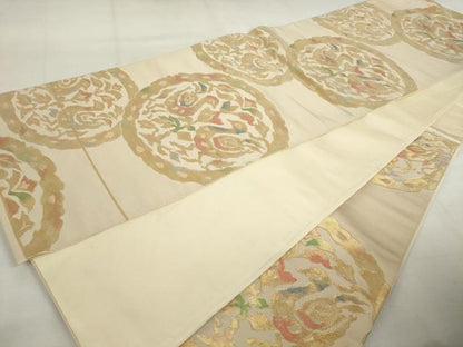 平和屋着物◎六通柄袋帯　双鳥花丸文　金糸　正絹　逸品　AABM1498od