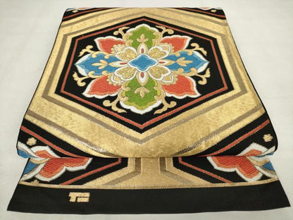 平和屋着物◎六通柄　本袋帯　唐織　亀甲花文　黒地　金糸　正絹　逸品　AABM1522od
