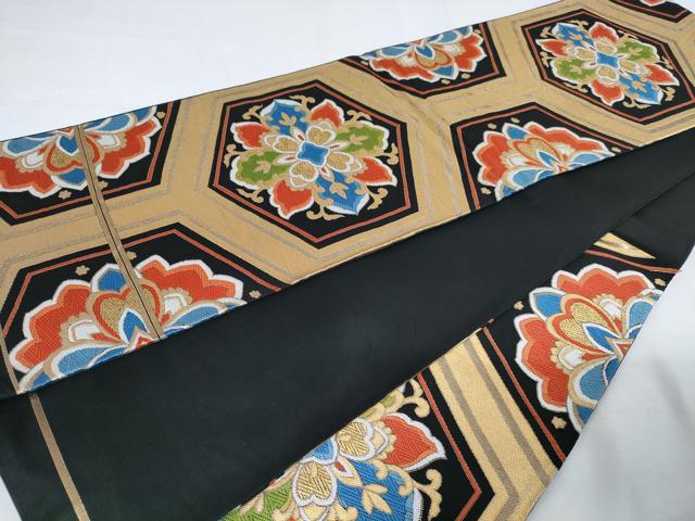平和屋着物◎六通柄　本袋帯　唐織　亀甲花文　黒地　金糸　正絹　逸品　AABM1522od