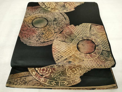 平和屋着物◎六通柄袋帯　花絵皿文　黒地　金糸　引箔　正絹　逸品　AABM1530od