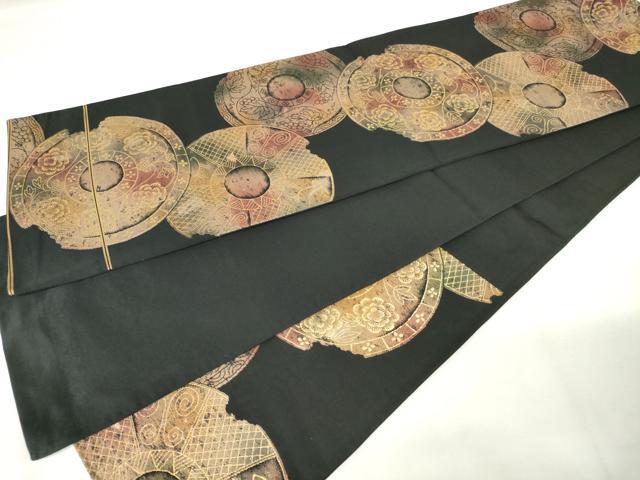 平和屋着物◎六通柄袋帯　花絵皿文　黒地　金糸　引箔　正絹　逸品　AABM1530od