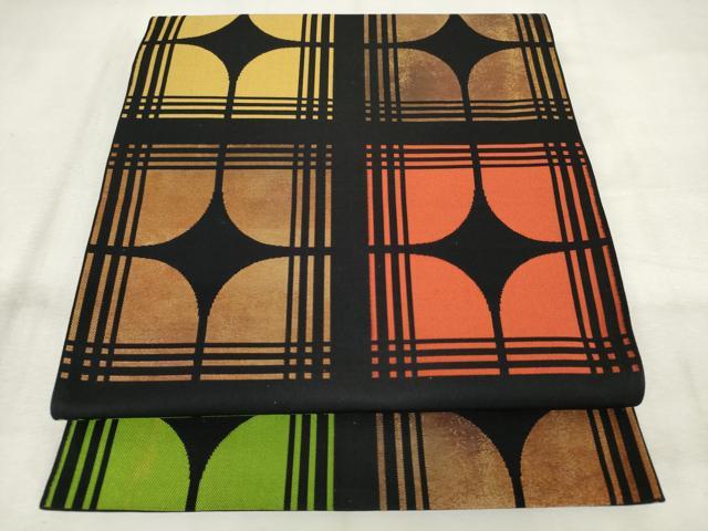 平和屋着物◎六通柄　本袋帯　幾何学文様　黒地　金糸　引箔　正絹　逸品　AABM1533od