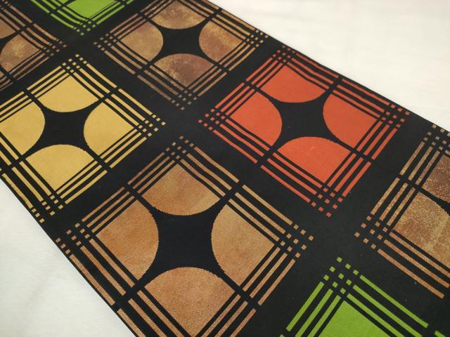 平和屋着物◎六通柄　本袋帯　幾何学文様　黒地　金糸　引箔　正絹　逸品　AABM1533od