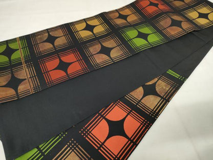 平和屋着物◎六通柄　本袋帯　幾何学文様　黒地　金糸　引箔　正絹　逸品　AABM1533od