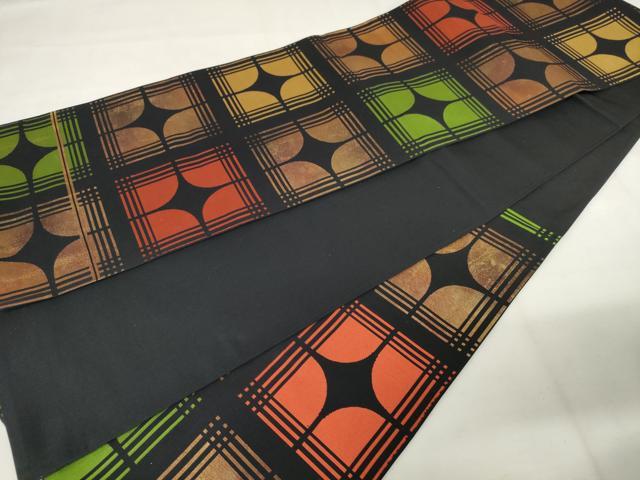 平和屋着物◎六通柄　本袋帯　幾何学文様　黒地　金糸　引箔　正絹　逸品　AABM1533od