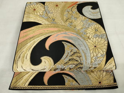 平和屋着物◎六通柄袋帯　唐織　花唐草文　黒地　金銀糸　正絹　逸品　AABM1534od