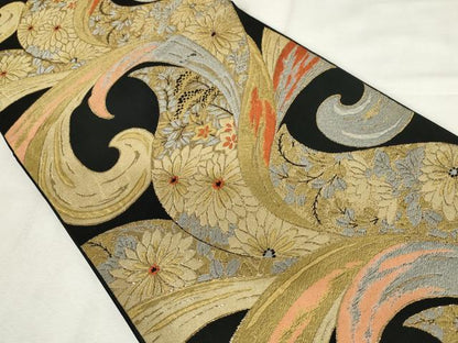 平和屋着物◎六通柄袋帯　唐織　花唐草文　黒地　金銀糸　正絹　逸品　AABM1534od