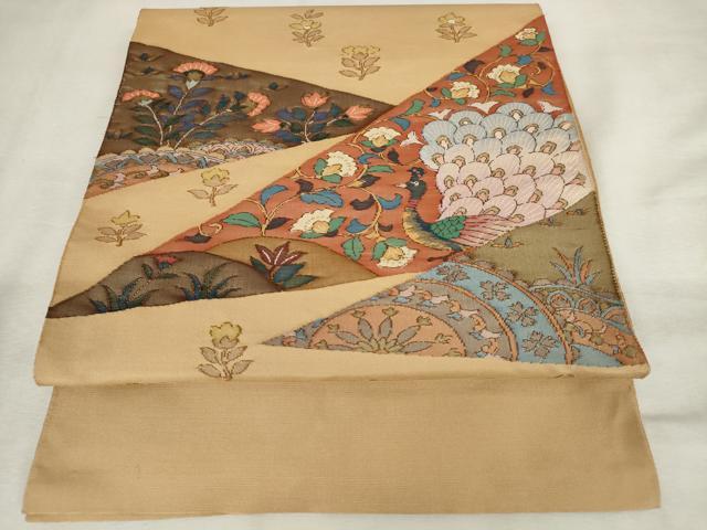 平和屋着物◎太鼓柄袋帯　すくい織　花鳥文　正絹　逸品　AABM1535od