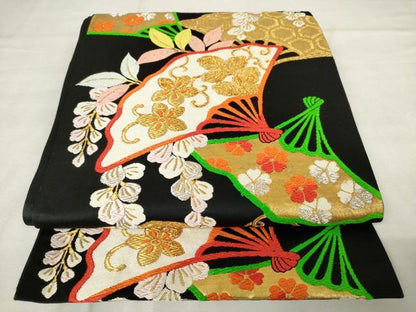 平和屋着物◎六通柄　本袋帯　唐織　扇面花文　黒地　金銀糸　正絹　逸品　AABM1551od