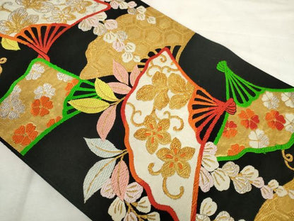 平和屋着物◎六通柄　本袋帯　唐織　扇面花文　黒地　金銀糸　正絹　逸品　AABM1551od