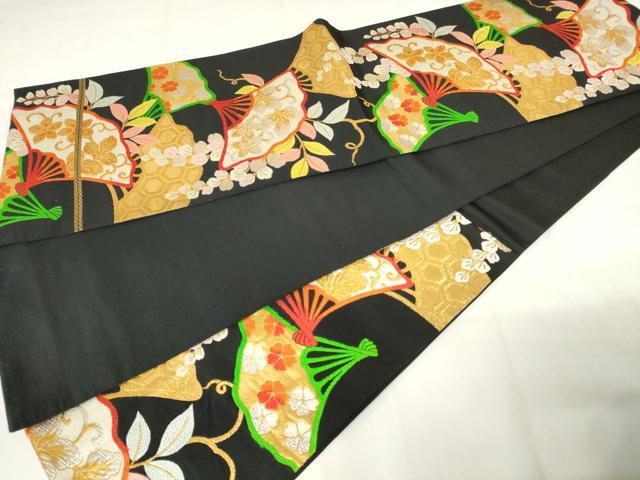 平和屋着物◎六通柄　本袋帯　唐織　扇面花文　黒地　金銀糸　正絹　逸品　AABM1551od