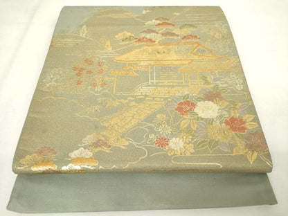 平和屋着物◎西陣　太鼓柄袋帯　螺鈿　風景花文　金銀彩　正絹　逸品　AABM1553od