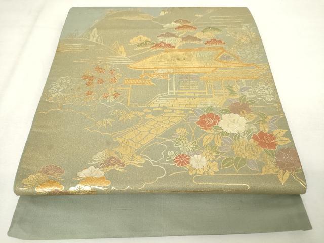 平和屋着物◎西陣　太鼓柄袋帯　螺鈿　風景花文　金銀彩　正絹　逸品　AABM1553od