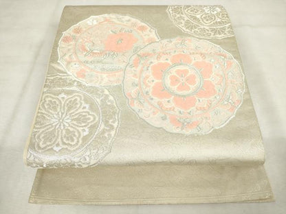 平和屋着物◎太鼓柄袋帯　唐織　花蝶絵皿文　銀糸　正絹　逸品　AABM1555od
