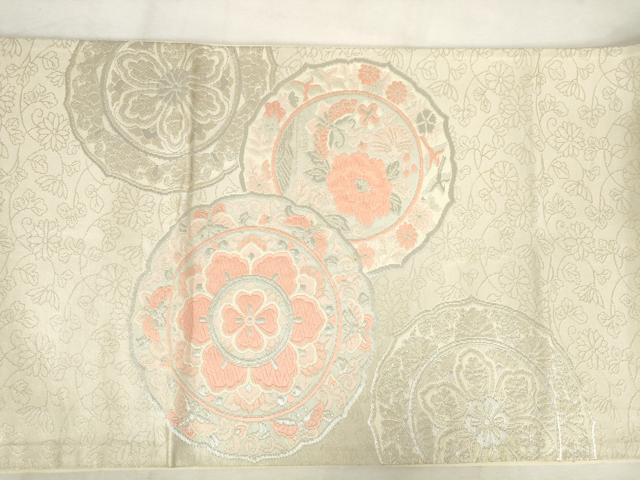 平和屋着物◎太鼓柄袋帯　唐織　花蝶絵皿文　銀糸　正絹　逸品　AABM1555od