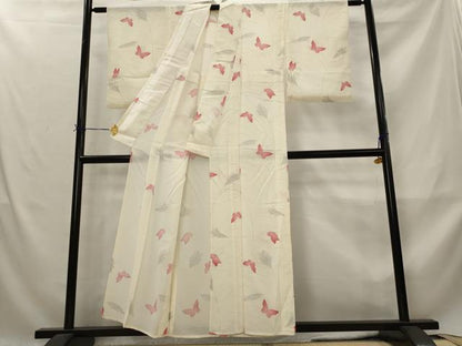 平和屋着物＊夏物　小紋　絽　舞蝶文　銀彩　正絹　逸品　AABM1568st
