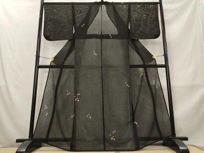 平和屋着物＊夏物　訪問着　縦絽　蔦の葉文　黒地　金彩　正絹　逸品　AABM1595st