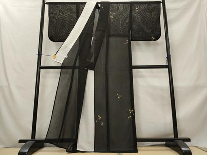 平和屋着物＊夏物　訪問着　縦絽　蔦の葉文　黒地　金彩　正絹　逸品　AABM1595st