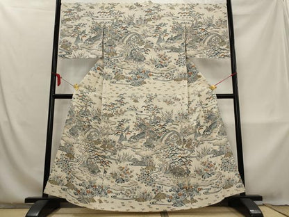 平和屋着物▽染織の名門　しょうざん  生紬　単衣　松竹梅風景文　正絹　逸品　AABM1758st