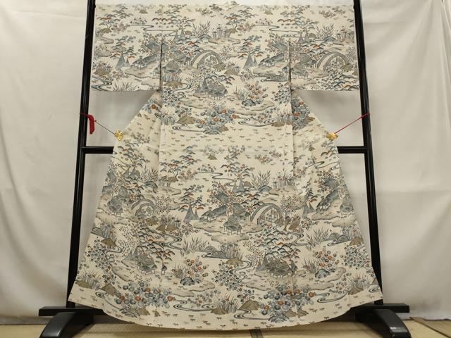 平和屋着物▽染織の名門　しょうざん  生紬　単衣　松竹梅風景文　正絹　逸品　AABM1758st