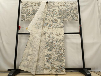 平和屋着物▽染織の名門　しょうざん  生紬　単衣　松竹梅風景文　正絹　逸品　AABM1758st