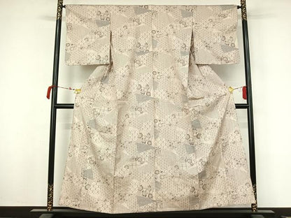 平和屋着物▽上質な紬　単衣　切嵌花文　正絹　逸品　AABM1810jh