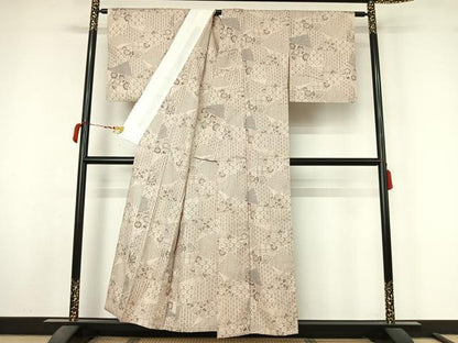 平和屋着物▽上質な紬　単衣　切嵌花文　正絹　逸品　AABM1810jh
