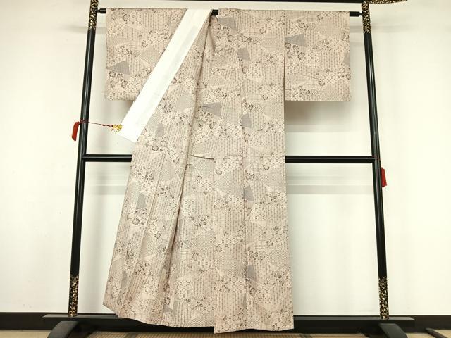 平和屋着物▽上質な紬　単衣　切嵌花文　正絹　逸品　AABM1810jh