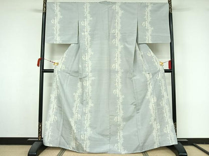 平和屋着物▽上質な紬　単衣　枝花文　正絹　逸品　AABM1812jh