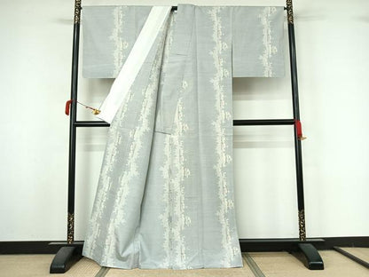 平和屋着物▽上質な紬　単衣　枝花文　正絹　逸品　AABM1812jh