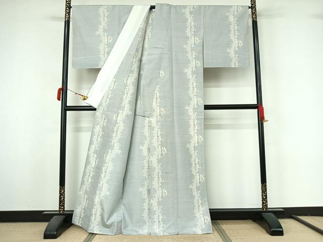 平和屋着物▽上質な紬　単衣　枝花文　正絹　逸品　AABM1812jh