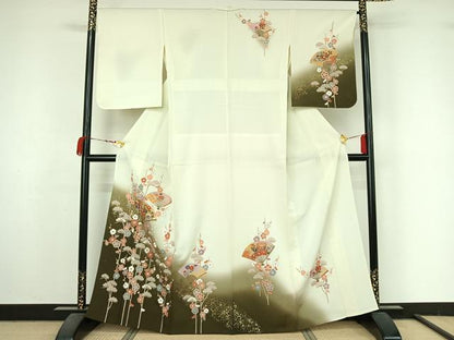平和屋着物▽訪問着　単衣　扇面御所車花文　暈し染め　金彩　正絹　逸品　AABM1815jh