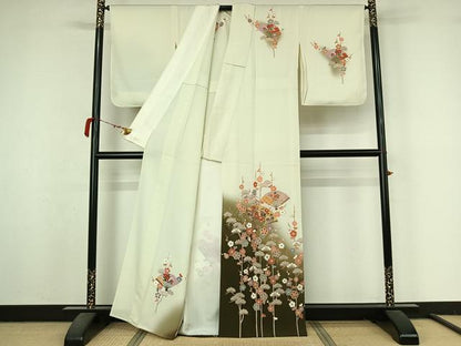 平和屋着物▽訪問着　単衣　扇面御所車花文　暈し染め　金彩　正絹　逸品　AABM1815jh