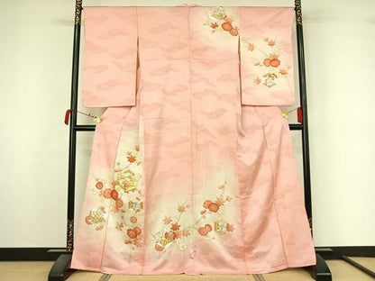 平和屋着物▽訪問着　単衣　駒刺繍　亀甲松竹梅文　暈し染め　金彩　正絹　逸品　AABM1817jh