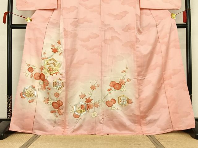 平和屋着物▽訪問着　単衣　駒刺繍　亀甲松竹梅文　暈し染め　金彩　正絹　逸品　AABM1817jh