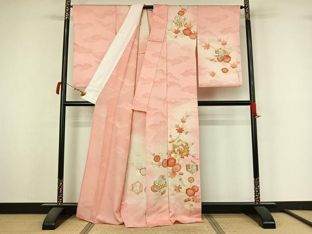 平和屋着物▽訪問着　単衣　駒刺繍　亀甲松竹梅文　暈し染め　金彩　正絹　逸品　AABM1817jh