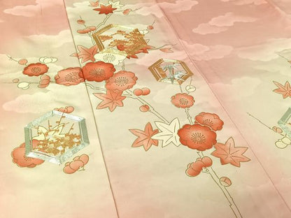 平和屋着物▽訪問着　単衣　駒刺繍　亀甲松竹梅文　暈し染め　金彩　正絹　逸品　AABM1817jh