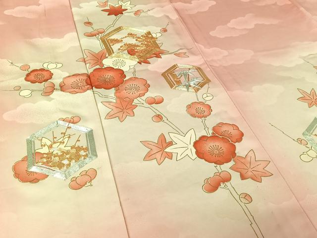 平和屋着物▽訪問着　単衣　駒刺繍　亀甲松竹梅文　暈し染め　金彩　正絹　逸品　AABM1817jh