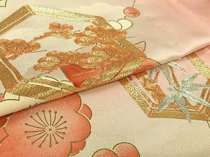 平和屋着物▽訪問着　単衣　駒刺繍　亀甲松竹梅文　暈し染め　金彩　正絹　逸品　AABM1817jh