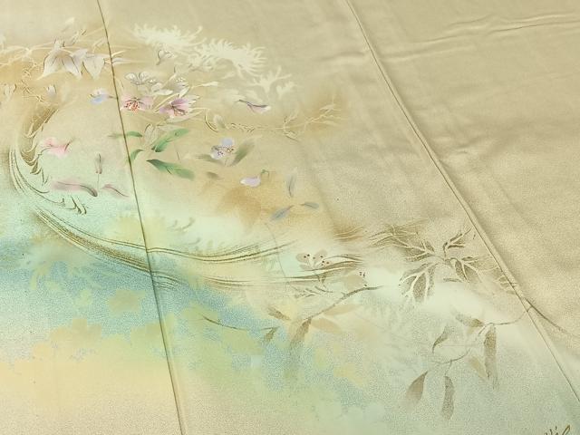 平和屋着物▽エミール・ガレ　訪問着　単衣　草花文　暈し染め　金彩　反端付き　正絹　逸品　AABM1819jh