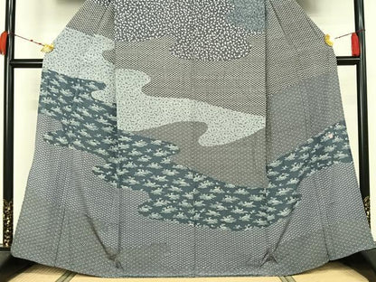 平和屋着物▽訪問着　単衣　作家物　草花文　正絹　逸品　AABM1820jh