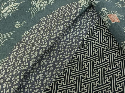 平和屋着物▽訪問着　単衣　作家物　草花文　正絹　逸品　AABM1820jh