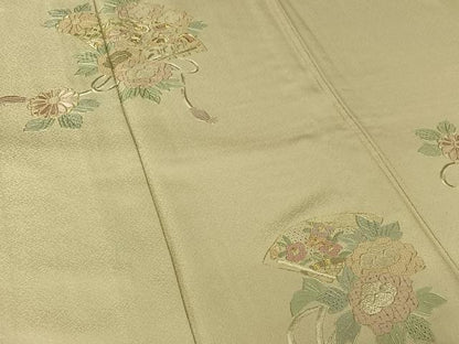 平和屋着物▽中国三大刺繍　スワトウ刺繍　汕頭刺繍　相良刺繍　総刺繍　訪問着　単衣　扇面花文　金糸　正絹　逸品　AABM1821jh