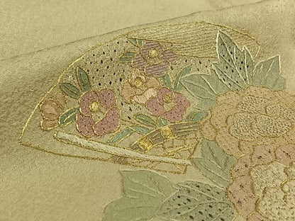 平和屋着物▽中国三大刺繍　スワトウ刺繍　汕頭刺繍　相良刺繍　総刺繍　訪問着　単衣　扇面花文　金糸　正絹　逸品　AABM1821jh