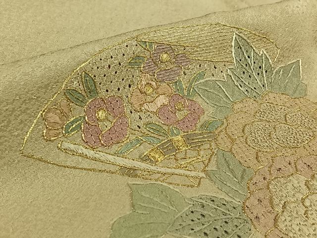 平和屋着物▽中国三大刺繍　スワトウ刺繍　汕頭刺繍　相良刺繍　総刺繍　訪問着　単衣　扇面花文　金糸　正絹　逸品　AABM1821jh